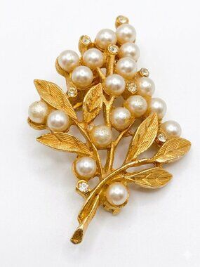 Vintage 50s Mid Century Faux Pearl Rhinestone Floral Brooch